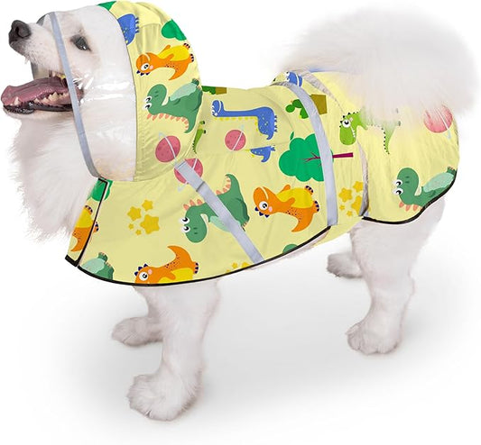 Dog Raincoat, Adjustable Rain Jacket with Hooded Double Layer for Large Medium Small Dogs Puppies, Lightweight Waterproof Rain Coat Poncho with Reflective Stripe Dinosaurs Yellow,XL