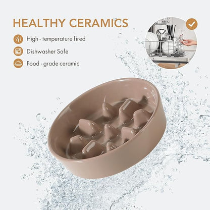 Ceramic 0.9 Cup Dog Raised Slow Feeder Set, Elevated Bowl with Wooden Stand for Small Dog, 6.1inch Pet Slow Feeder Dish for Fast Easters, Preventing Choking (Brown Coffee, Single Bowl+ Stand)