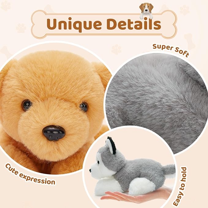 Tezituor 6 Pcs Bulk Stuffed Animals, 11" Fluffy Assorted Stuffed Puppy Plush Toys for Kids, Dog Doll Set for Dog Themed Party Favors Gift (Lying)