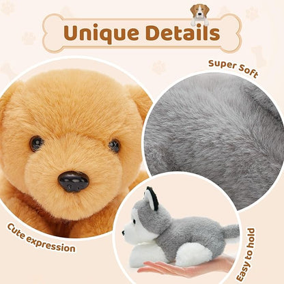 Tezituor 6 Pcs Bulk Stuffed Animals, 11" Fluffy Assorted Stuffed Puppy Plush Toys for Kids, Dog Doll Set for Dog Themed Party Favors Gift (Lying)