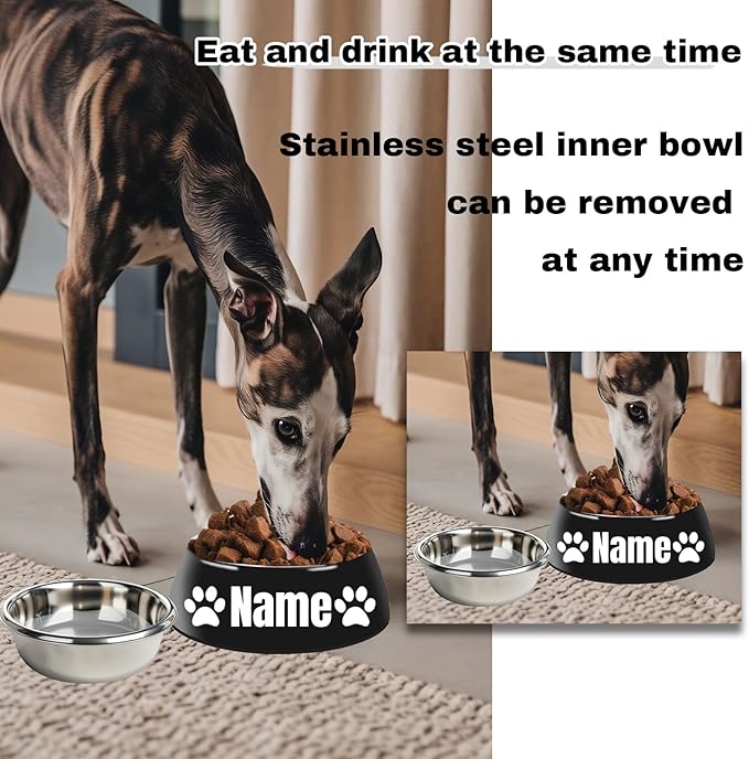 Personalized Stainless Steel Dog & Cat Food/Water Bowls – Custom Pet Name, Non-Slip, Easy Clean Feeding Dishes with Separate Plates(Black)