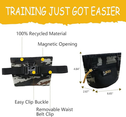 SZO Dog Treat Pouch with Pet Training Clicker, Dog Training Treat Pouch with Waist Belt Clip, Magnetic Closure, Hands-Free Training - Camo