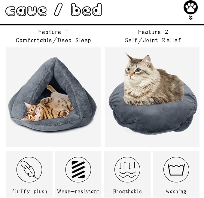 Plush Cat Cave Tent Bed Self Warming Pet Bed Washable Portable Sleeping Bag for Indoors Cats and Puppy (Grey)
