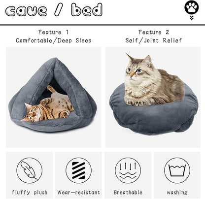 Plush Cat Cave Tent Bed Self Warming Pet Bed Washable Portable Sleeping Bag for Indoors Cats and Puppy (Grey)