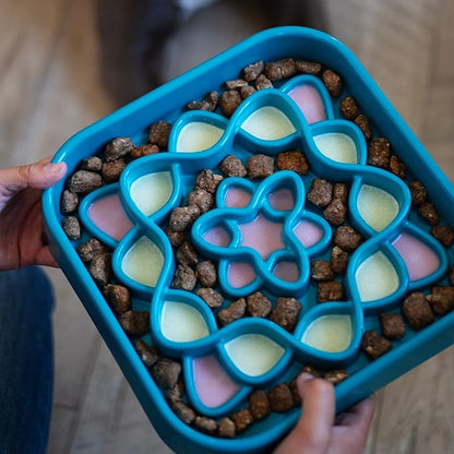 Messy Mutts Interactive Square Slow Feeder | Blue (8 Cup) | 11” x 11” Square Puzzle Slow Feeder for Dogs | Enrichment Food Dish for Slow Eating, Bloating