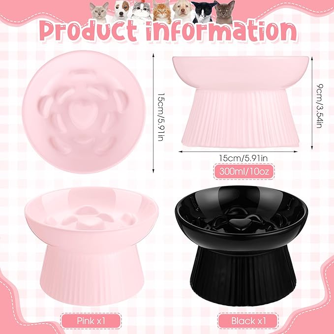 Tioncy 2 Pcs Raised Cat Slow Feeder Bowl Ceramic Elevated Cat Dog Food Bowl No Spill High Edge for Dry Wet Food and Water Easy to Clean, Dishwasher Safe(Black, Pink)