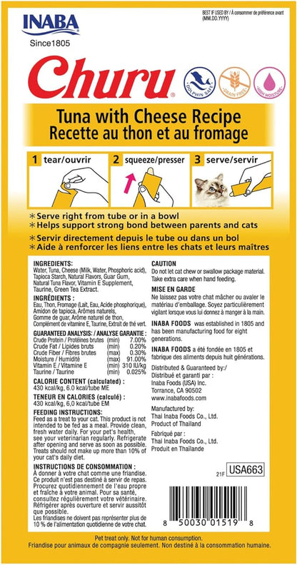 INABA Churu Cat Treats, Grain-Free, Lickable, Squeezable Creamy Purée Cat Treat/Topper with Vitamin E & Taurine, 0.5 Ounces Each Tube, 24 Tubes (4 per Pack), Tuna with Cheese Recipe