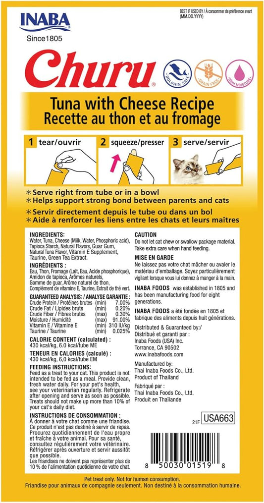 INABA Churu Cat Treats, Grain-Free, Lickable, Squeezable Creamy Purée Cat Treat/Topper with Vitamin E & Taurine, 0.5 Ounces Each Tube, 24 Tubes (4 per Pack), Tuna with Cheese Recipe