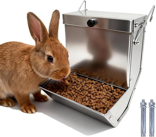 Small Animal Gravity Feeder with Lid - Stainless Steel Anti-Corrosion Durable Large Capacity Food Dispenser for Rabbits, Guinea Pigs, Chinchillas & Other Small Pets for Indoor Outdoor Cage Use (4Lbs)