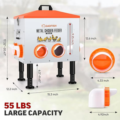 GADFISH 55LBS Large Capacity Automatic Chicken Feeder - Upgraded Window Design Allows Viewing of Feed Conditions, 8 Feeding Ports, Anti-Waste Design, Height-Adjustable Legs & Secure