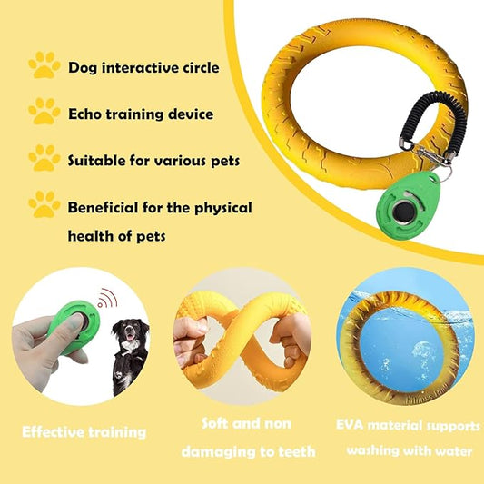 Dog Training Ring - Pet Fun Training Set of Yellow Interactive Dogs Ring and Green Pet Training Clicker,dogtraining Toy/Dog chew Toy for Aggressive chewers,Medium-Sized/Large