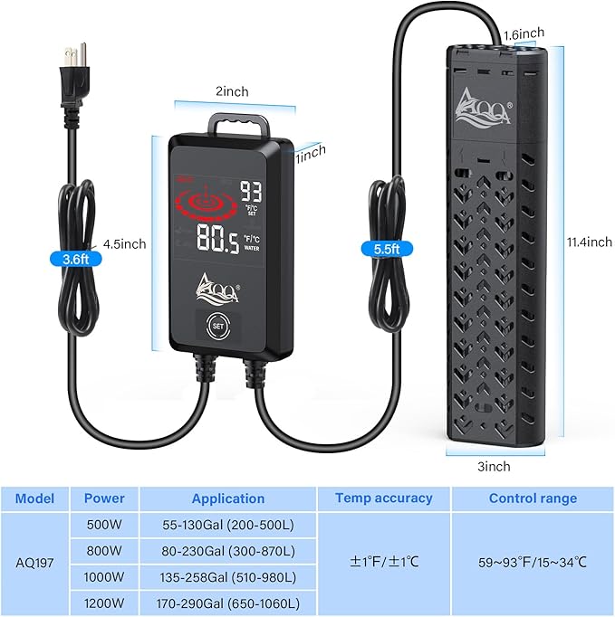 AQQA Aquarium Heater 1200W for 170-290 Gallon Large Fish Tank Submersible Pond Heater with External Controller Overheat & Dry-Run Protection Adjustable Temp Range 59-93℉ (AQ197-1200W for 170-290Gal)