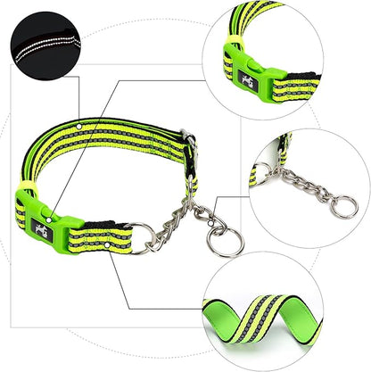 Green Reflective Martingale Dog Collar with Buckle- Night-Safe, Anti-Slip Training Collar Designed for Secure Walks - Large