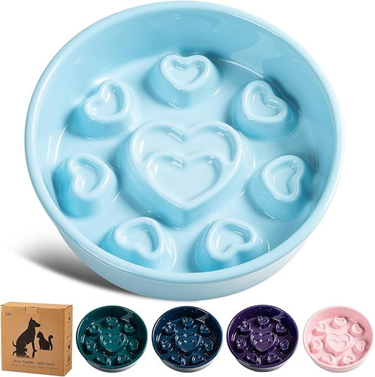 Ceramic Slow Feeder Dog Bowl, 4-Cup Anti-Slip Puzzle Feeder for Medium/Large Dogs, Indoor/Outdoor Pet Bowl for Fast Eaters - Blue（Love）