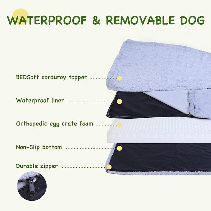 XXL Orthopedic Dog Bed - Soft Fluffy Memory Foam Pet Bed with Anti-Slip Bottom, Waterproof & Machine Washable Dog Bed for Extra Large Dogs, Grey (43"x43"x4")