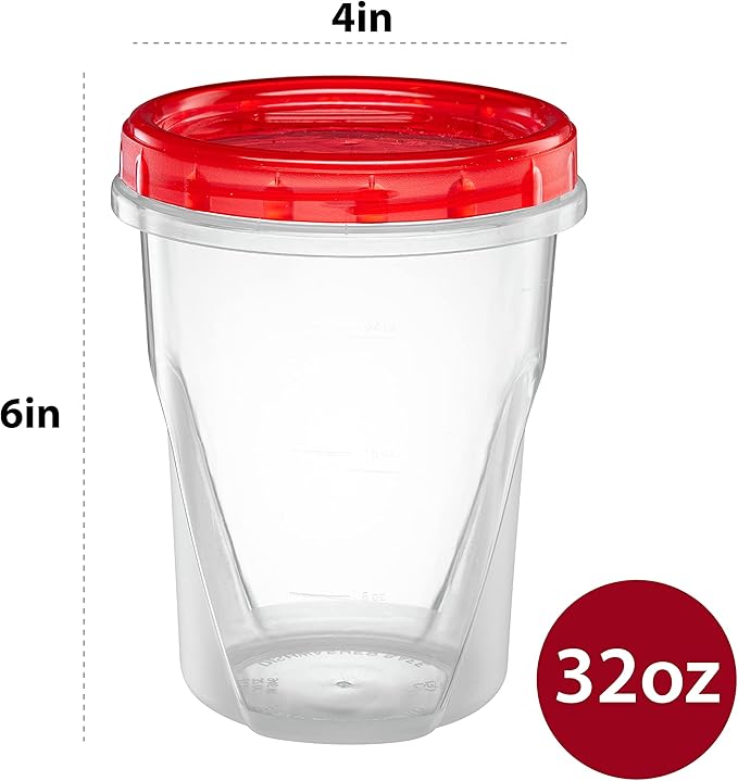 (32 Ounce 10 Pack) Twist cap Containers Clear Bottom With Red Top Screw on Lids Twist Top Food Storage Freezer Containers