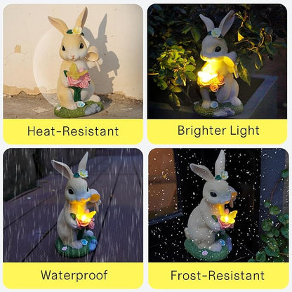 NYUWOAURC Garden Statues Rabbit with Solar Light,Bunny Outdoor Garden Decor Ornaments for Patio Yard Art,Birthday Easter House Warming Garden Gift for Women Mom,Resin Animal Figurine with Wider Base