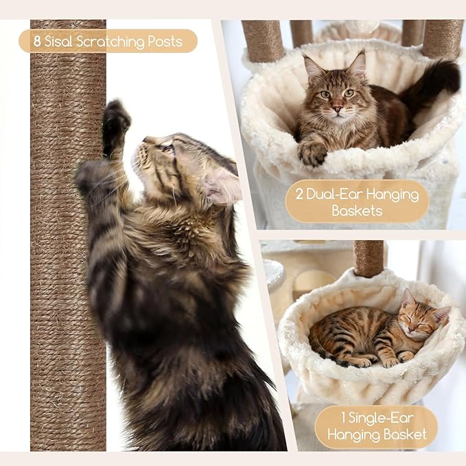 Globlazer Extra Large Cat Tree Tower, 82in Tall Heavy Duty Cat Tree for Indoor Cats Large Adult Big Cat Tower with 8 Scratching Posts, 2 Cat Condos, 2 Top Perches, 3 Hanging Baskets, S82, Beige
