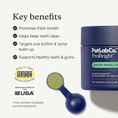 PetLab Co. ProBright Dental Powder - Dog Breath Freshener - Teeth Cleaning Made Easy – Targets Tartar & Bad Breath - Formulated for Extra Small Dogs - Packaging May Vary