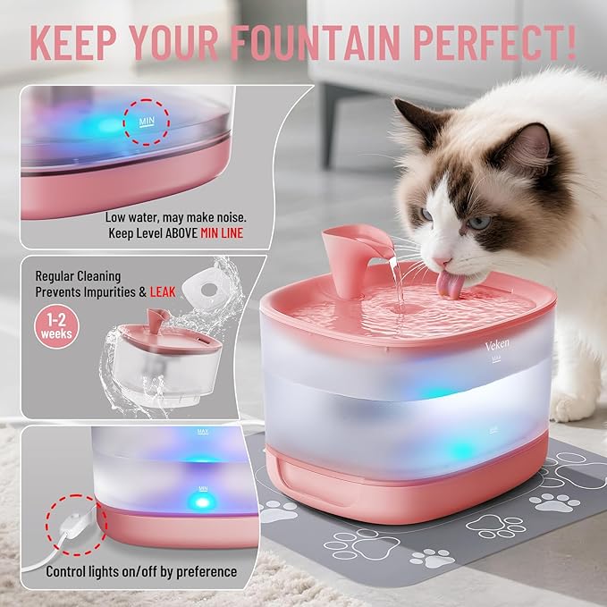 Veken Cat Water Fountain with Detachable Tank, 6 Filters & 6 Sponges, Easy to Clean & Assemble, 84oz/2.5L Pet Drinking Dispenser with Quiet Operation & LED Light for Cats, Dogs and Small Pets, Red