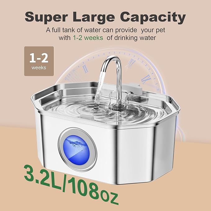 Cat Water Fountain Stainless Steel 108oz/3.2L, APAUK Automatic Pet Fountain Dog Water Dispenser with Water Level Window, Quiet Cat Fountain for Drinking, Inside with Replacement-(2 Filters & 2Sponges)