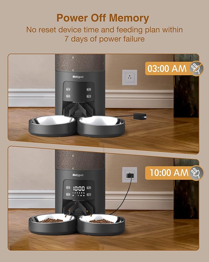 Molypet Automatic Cat Feeders for 2 Cats - 6L Food Dispenser with Double Bowls, Programmable Timed Feeder up to 6 Meals per Day with 10S Voice Recorder, Support Dual Power Supply