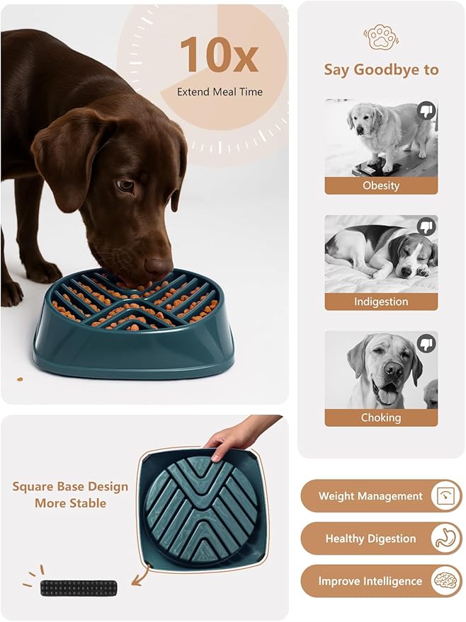 KASBAH Slow Feeder Dog Bowls Large Breed, Holds 5 Cups Wet or Dry Food for Large and Medium Dogs,Puzzle Maze for Fast Eaters,Square Base,Non-Slip, Made Without BPA,Helps Prevent Bloat & Aid Digestion