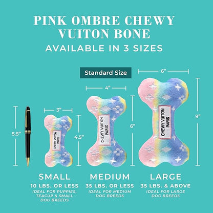 Haute Diggity Dog Pink Ombre Chewy Vuiton Bone, Plush Designer Dog Toys with Interactive Squeaker, Stimulating Pet Enrichment, Machine-Washable & Safe Materials for All Breeds, Size Small