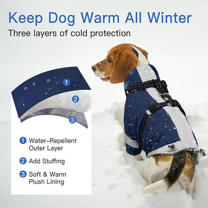 XL Winter Coat for Medium Dogs,Reflective Harness Built in | Turtleneck Dog Snowsuit with Sleeves for Snow Day Keep Warm,Outdoor Activities Water-Repellent & Windproof Jacket (Navy-Blue)