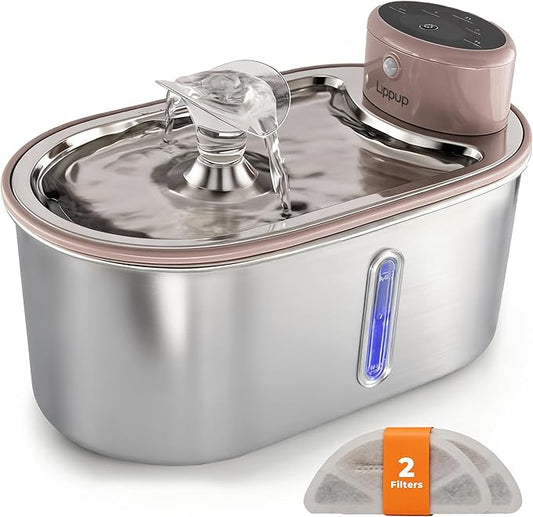 Wireless Cat Water Fountain Stainless Steel 108oz/3.2L, Cordless, Battery Operated Cat Fountain (Last up to 50 Days), Ultra Quiet, 2 Flow Modes, Multi-Filtration, BPA Free, Includes 2 Filters - Creamy