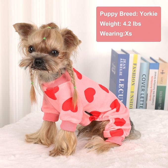 Dog Pajamas for Small Dogs Girl Boy Super Soft Dog Clothes Fleece Puppy Pjs Jammies 4 Leg for Chihuahua Yorkie Winter Spring Onesies Jumpsuit Clothing Cute Pet Outfits Pink Love Heart, S