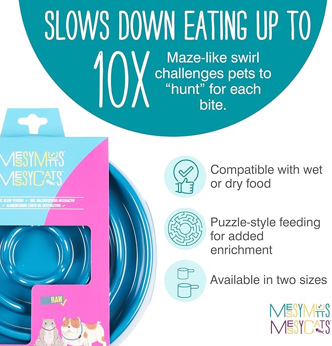 Messy Mutts Interactive Slow Feeder | Puzzle Slow Feeder Dog or Cat Bowl | Enrichment Food Dish for Eating, Prevent Bloating | 9.8” x 2.2” | 3 Cup | Blue