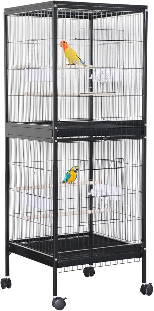55 Inch Large Bird Flight Cage with Top Stand, 2 in 1 Wrought Iron Bird Carrier Parakeet Cage with Wheels for Parakeets, Canaries, Lovebirds, Small Quaker, Cockatiels, Budgie, Green Cheek