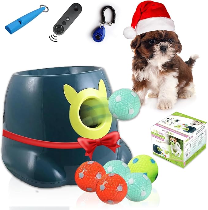Automatic Small Dog Ball Launcher - Remote Control Interactive Fetch Machine Thrower for Small and Medium Sized Dogs with 6 High-Bounce Washable Latex Balls, Training Clicker, and Whistle – Blue