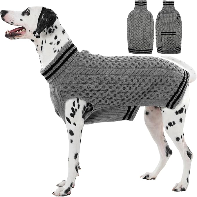 Large Dog Sweater, Fall Winter Warm Turtleneck Pullover, Thick Soft Stretchy Knit for Sensitive Skin, Fleece Christmas Sweaters for Dogs Girl Boy Easy on, Grey L