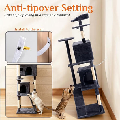Sweetcrispy 70 Inch Cat Tree Tower, Multi-Level with Cat Scratching Post, Indoor Cat Condo with Climbing Ladder, Plush Toy, Play House for Cat, Dark Grey