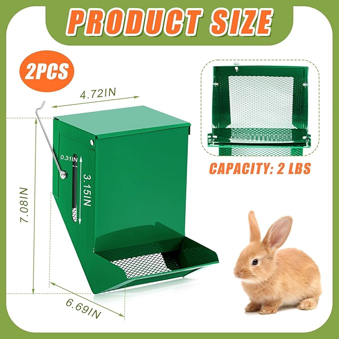 Maxcheck 2 Pcs Rabbit Feeder for Cages Viewing Window Small Animal Food Dispenser with Lid Metal Guinea Pigs Feeders Indoor Outdoor