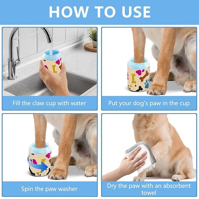 Dog Paw Cleaner Cups for Dogs Pet Foot Washer Paw Scrubber for Medium Small Dogs Cats Cleaning Cup Yellow Cute Paw Prints and Bones