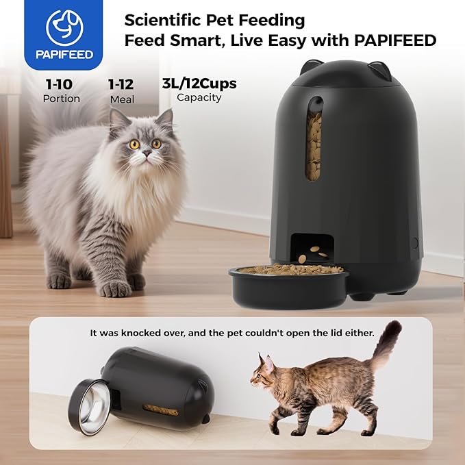 PAPIFEED Automatic Cat Feeder, No WiFi No App Timed Cat Food Dispenser, 6 Meals Programmable with LED Screen, Battery Powered Auto Cat Feeder for Cats & Small Dogs (Black)