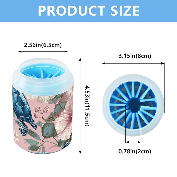 Dog Paw Cleaner Cups for Dogs Pets Foot Washer Paw Scrubber for Medium Small Dogs Cats Cleaning Cup Sea Turtles and Pink Hibiscus