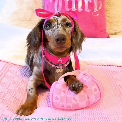 Haute Diggity Dog Pink Checker Chewy Vuiton Handbag, Plush Designer Dog Toys with Interactive Squeaker, Stimulating Pet Enrichment, Machine-Washable & Safe Materials for All Breeds, Size Large