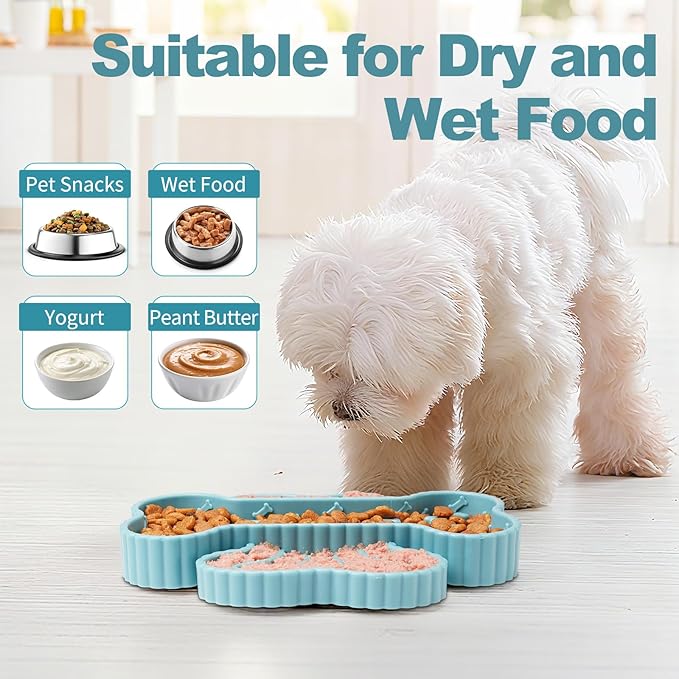 2 in 1 Slow Feeder Dog Bowls, Lick Mat for Dogs with Suction Cups, Dry and Wet Interactive Dog Puzzle Feeder Bowls for Anxiety Relief, Silicone Dogs Feeding Mat Pad Dish for Slow Down Eating