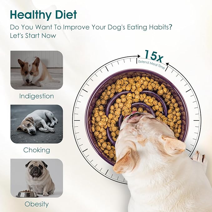 vancasso Slow Feeder Dog Bowl, 0.6 Cups Ceramic Dog Food Dish for Fast Eaters Small Breed, Puzzle Bowl for Small Dogs and Cats, Dark Purple