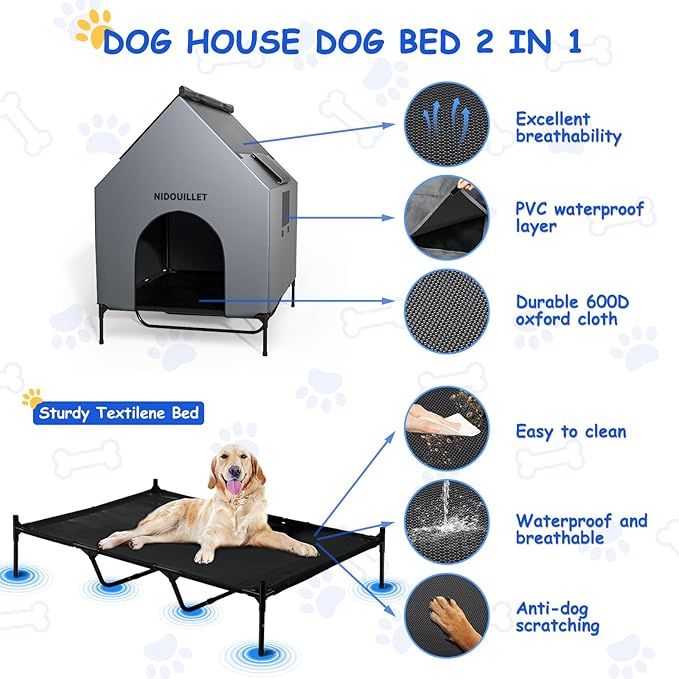 48" Dog House for Outdoor Indoor, X-Large Dog Houses Weatherproof 600D PVC with 8.5" H Textilene Elevated Dog Bed Breathable, Easy to Clean, Dog House Max 200lbs
