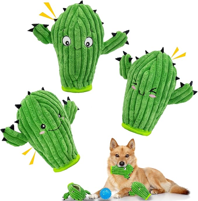 No Stuffing 3 Pack Squeaky Dog Toys- 2 in 1 Interactive Plush Dog Toy- Cactus Shaped Rip and Reveal Toy for Puppies-Indoor & Outdoor Play Training & Toss & Play