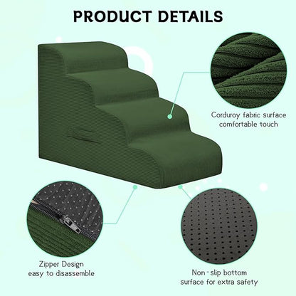 Dog Steps for Small Dogs, 4-Step Pet Ramp Stairs for High Beds and Sofa, Non-Slip Pet Stairs for Small Dogs and Cats, Removable and Easy to Clean Cover, Green