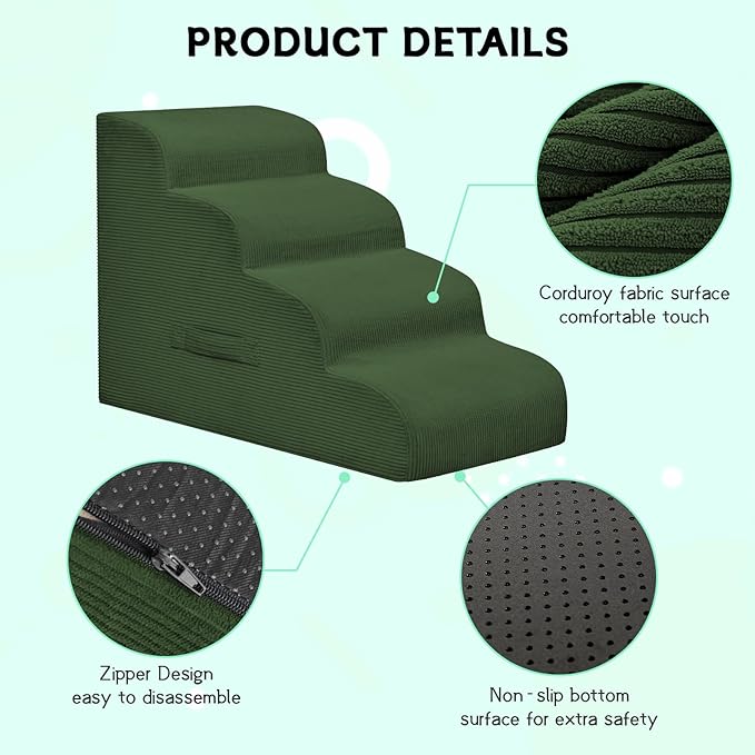 Dog Steps for Small Dogs, 3-Step Pet Ramp Stairs for High Beds and Sofa, Non-Slip Pet Stairs for Small Dogs and Cats, Removable and Easy to Clean Cover, Green