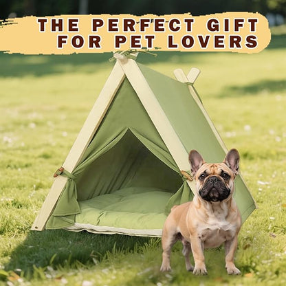 Dog Teepee Tent Bed Indoor,Pet Teepee House for Small Dogs & Cats,Thick Washable Cushion,Portable Dog Tent Bed, Puppy Play House,Grass Green