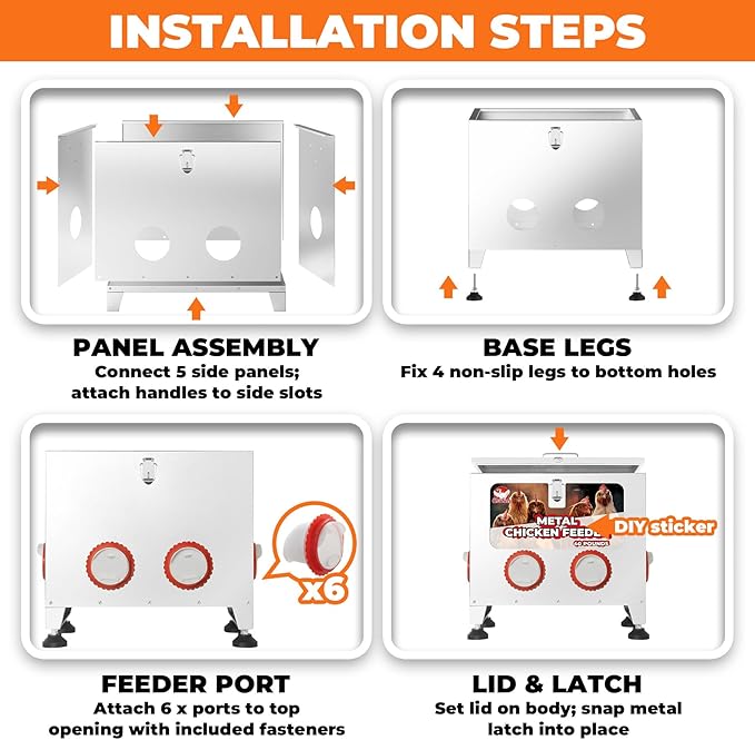 Sidasu 40 lbs 6 Port Galvanized Chicken Feeder with Adjustable Height,Locking Lid&Riveted Handles,Large Capacity Rainproof Automatic Chicken Feeders Silver