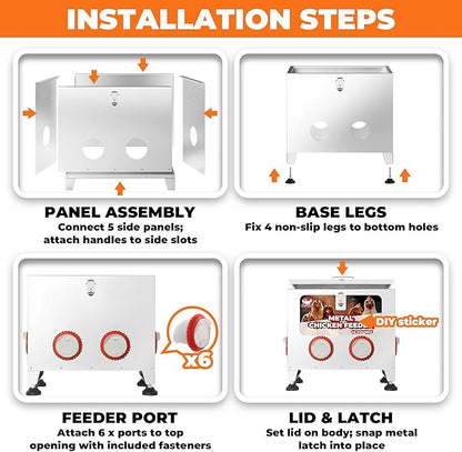 Sidasu 40 lbs 6 Port Galvanized Chicken Feeder with Adjustable Height,Locking Lid&Riveted Handles,Large Capacity Rainproof Automatic Chicken Feeders Silver